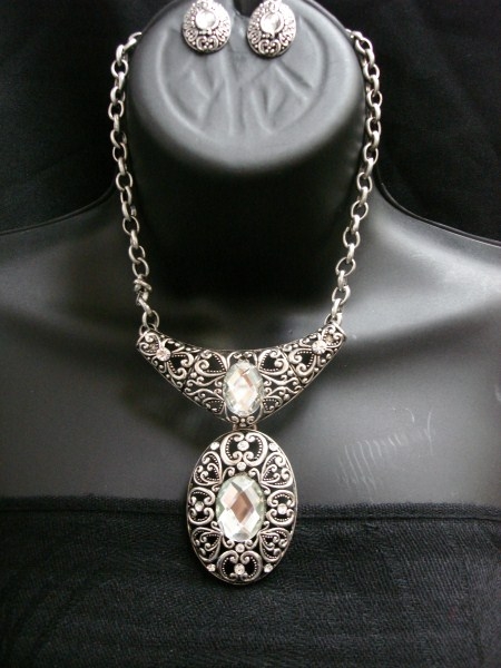Crystal Stone Silver Chain Set